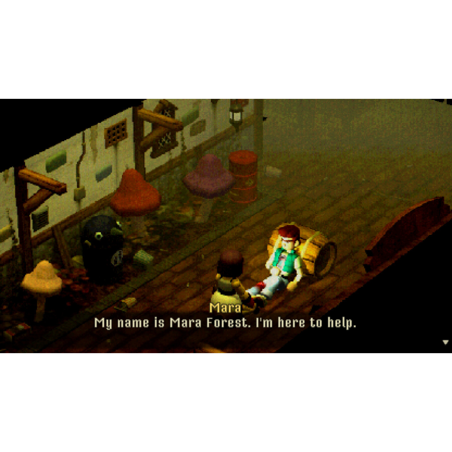 Une scène de jeu vidéo montre deux personnages en interaction. L'un est couché dans un tonneau. L'autre est Mara, le personnage, avec une boîte de dialogue.