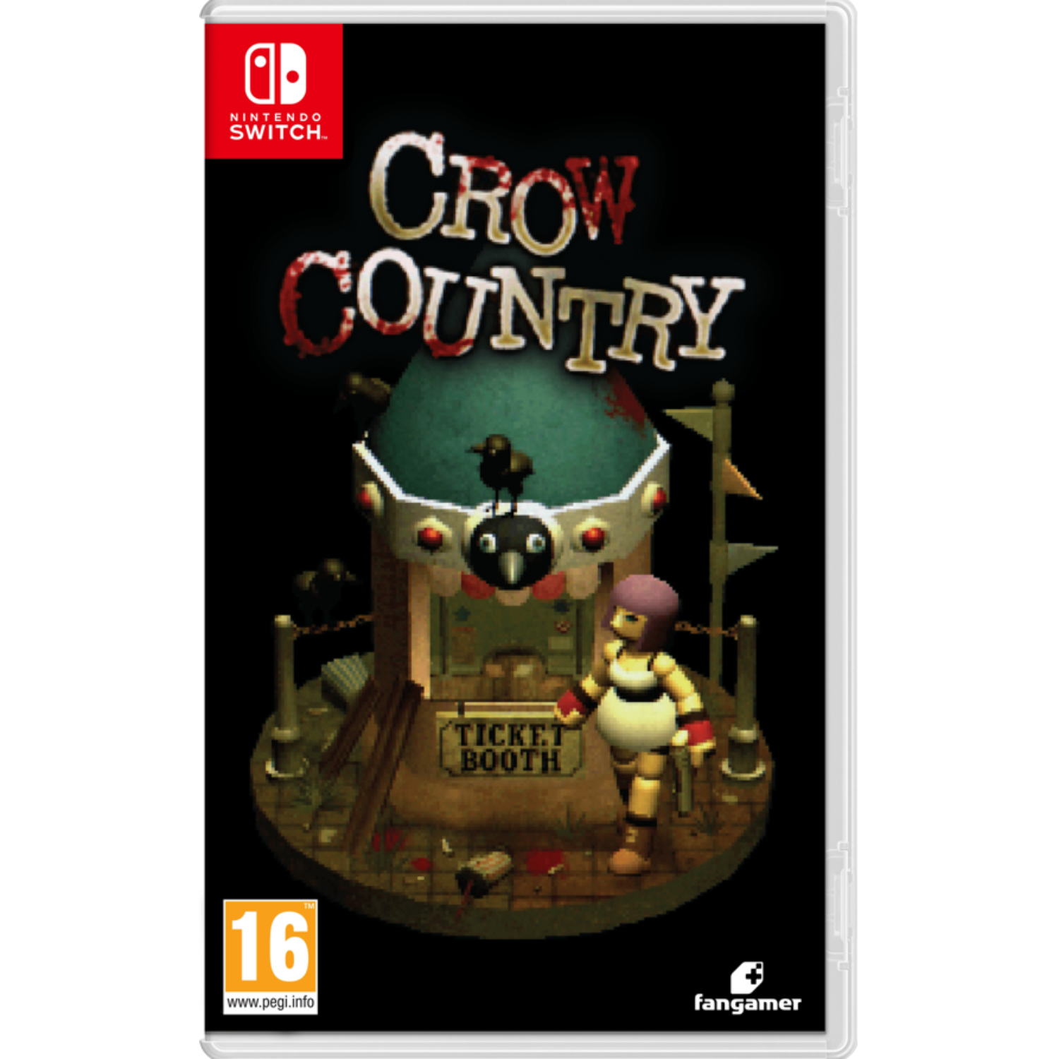 Jaquette du jeu: 'Crow Country' sur Nintendo Switch. Comporte un guichet, une figurine de poupée, des corbeaux et un thème sombre et menaçant.