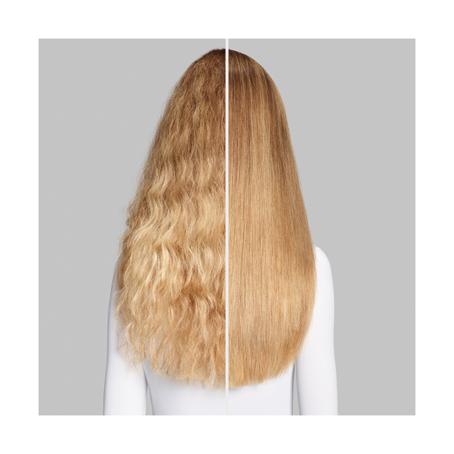 Trattamento per capelli prima e dopo. A sinistra: capelli crespi. A destra: capelli lisci e dritti. Entrambi sono biondi.