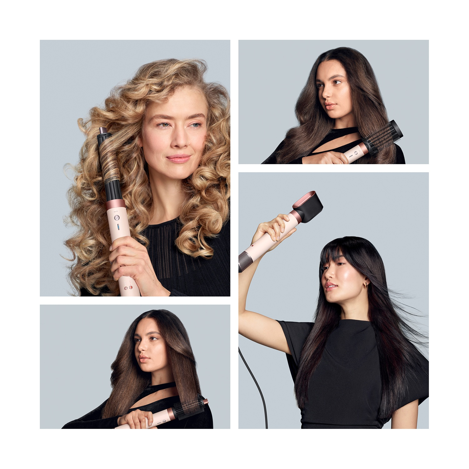 Quattro donne dimostrano uno strumento per lo styling dei capelli. Ognuna mostra acconciature diverse: ricci, lisci e mossi. Lo strumento è rosa e nero.