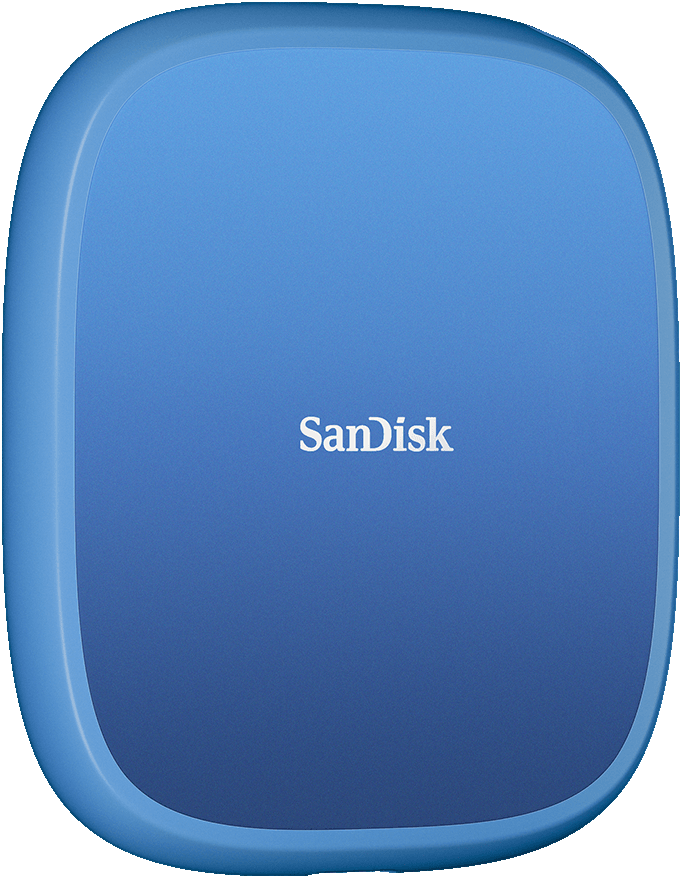 Un disco rigido esterno Sandisk blu, rettangolare arrotondato. Il logo Sandisk è bianco e centrato.