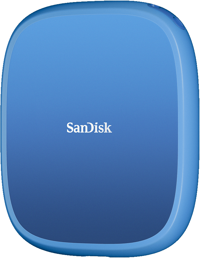 Un disco rigido esterno SanDisk blu e arrotondato. Il marchio è in lettere bianche al centro.