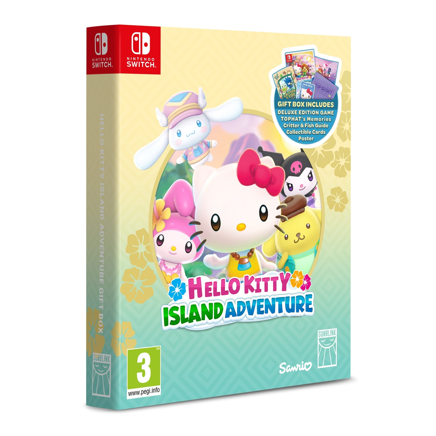 A Nintendo Switch game box, "Hello Kitty Island Adventure". Features Hello Kitty and friends. Includes game, cards, and poster.