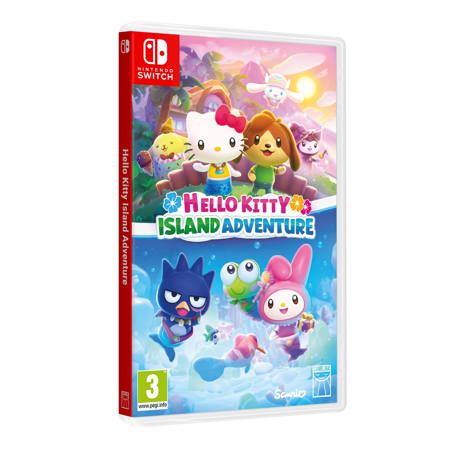 Hello Kitty Island Adventure game cover. Features Hello Kitty, dog, and other characters. Colorful tropical island background.