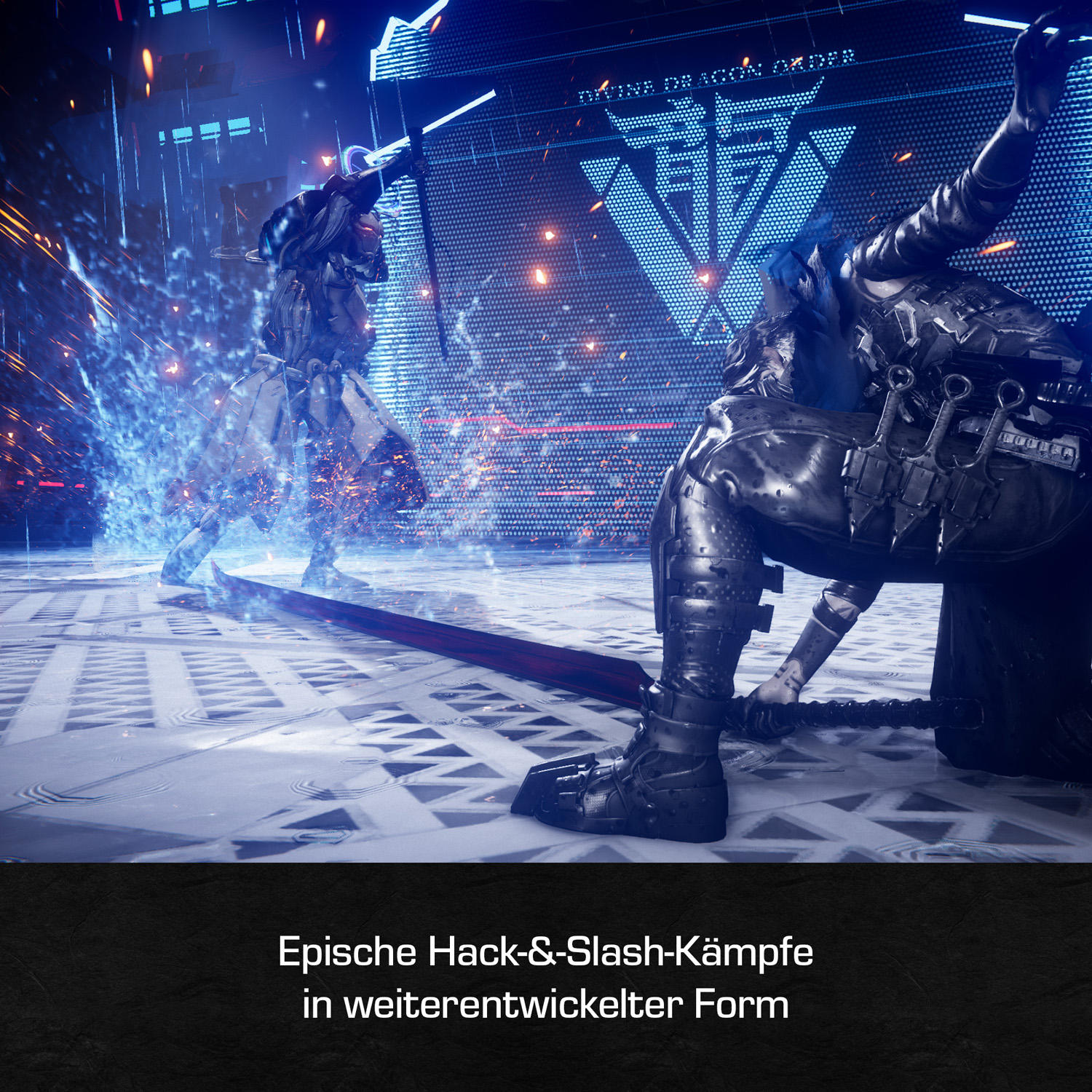 Zwei gepanzerte Figuren kämpfen in futuristischer Umgebung mit Energie und Schwertern. Im Hintergrund leuchtet eine blaue Wand.