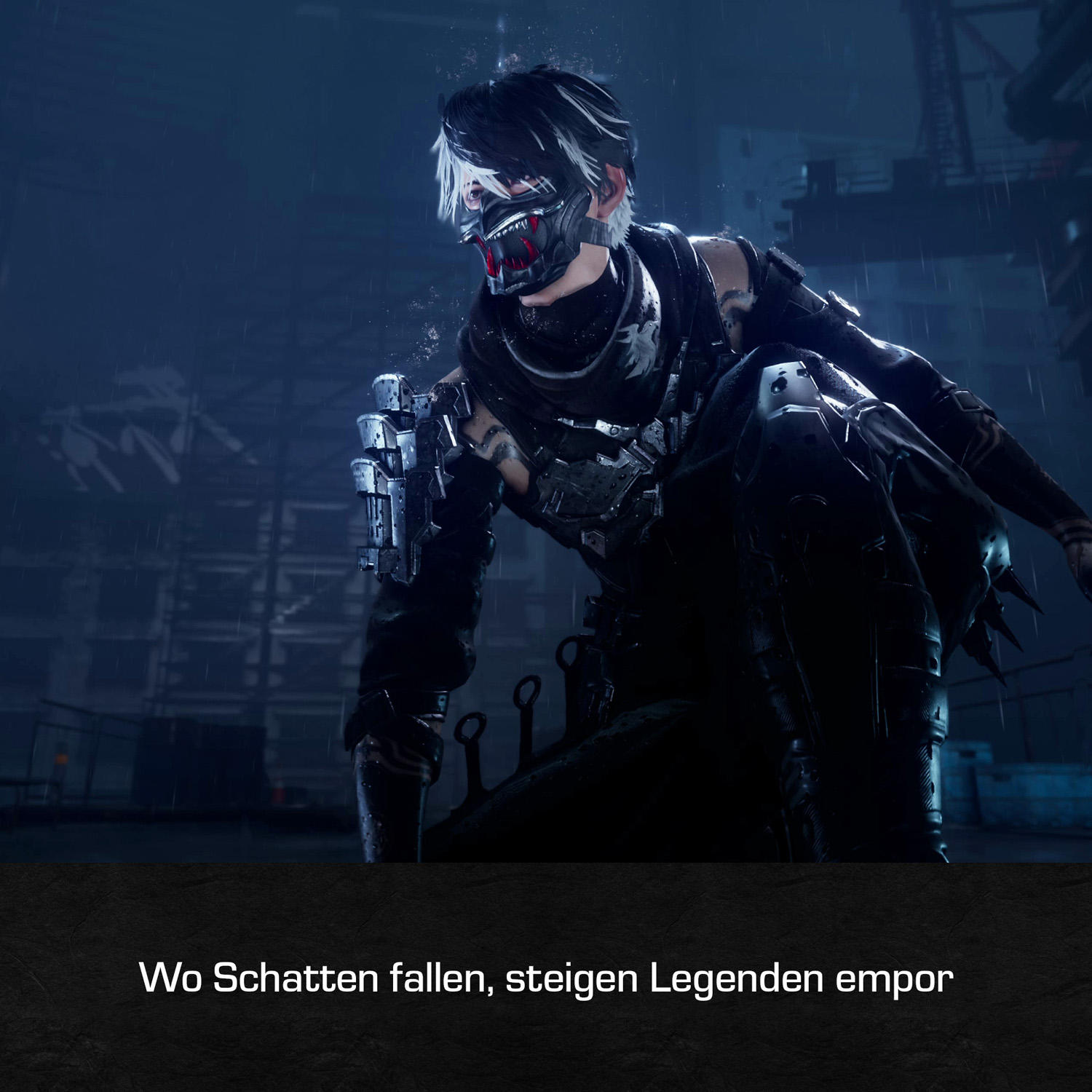 Eine Person in schwarzer taktischer Ausrüstung und Maske steht im Regen. Dunkler, industrieller Hintergrund mit Text: Wo Schatten fallen, steigen Legenden empor.