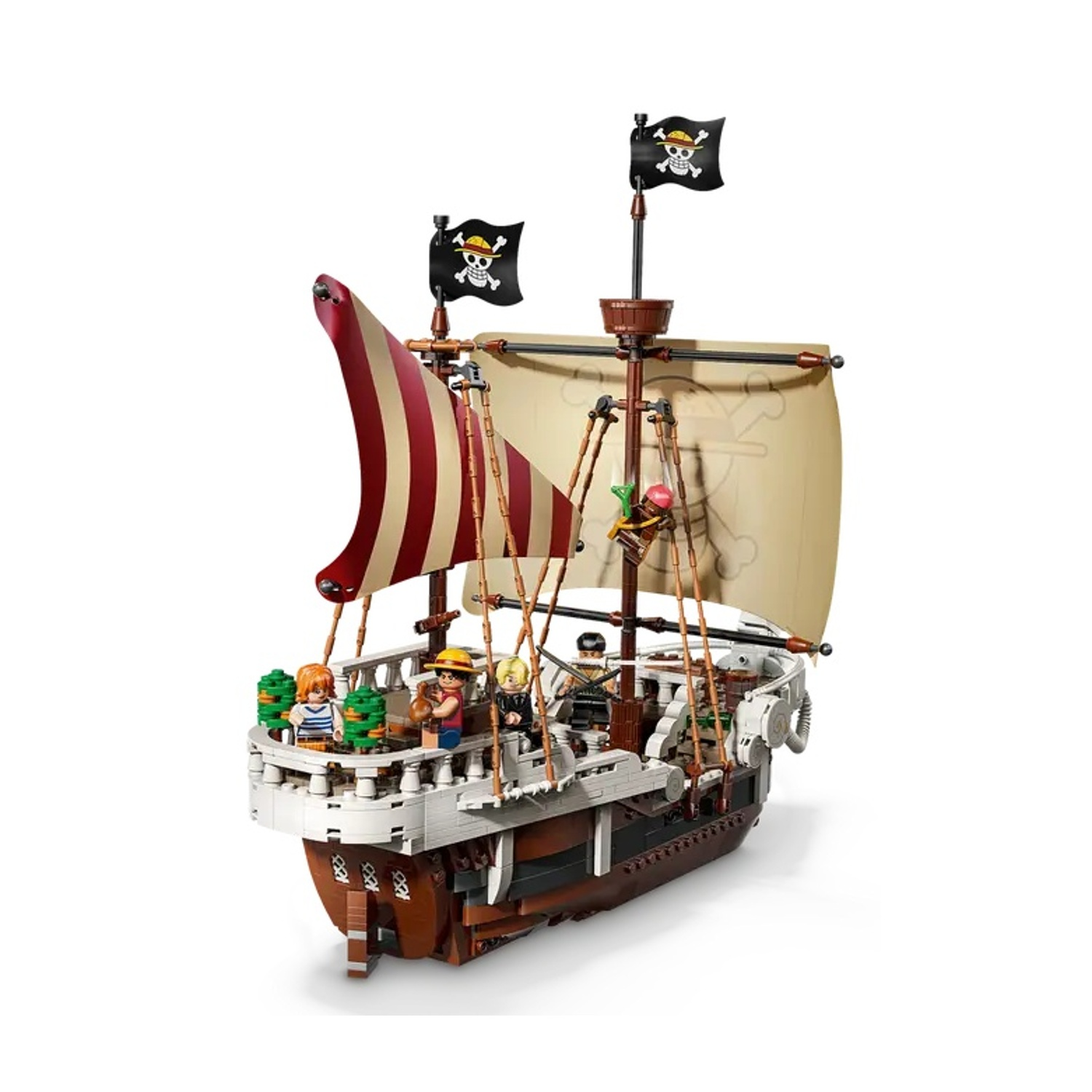 Un modello di nave pirata Lego con personaggi sul ponte. Ha una grande vela, due alberi e bandiere pirata. Vele rosse e bianche. Scafo marrone.