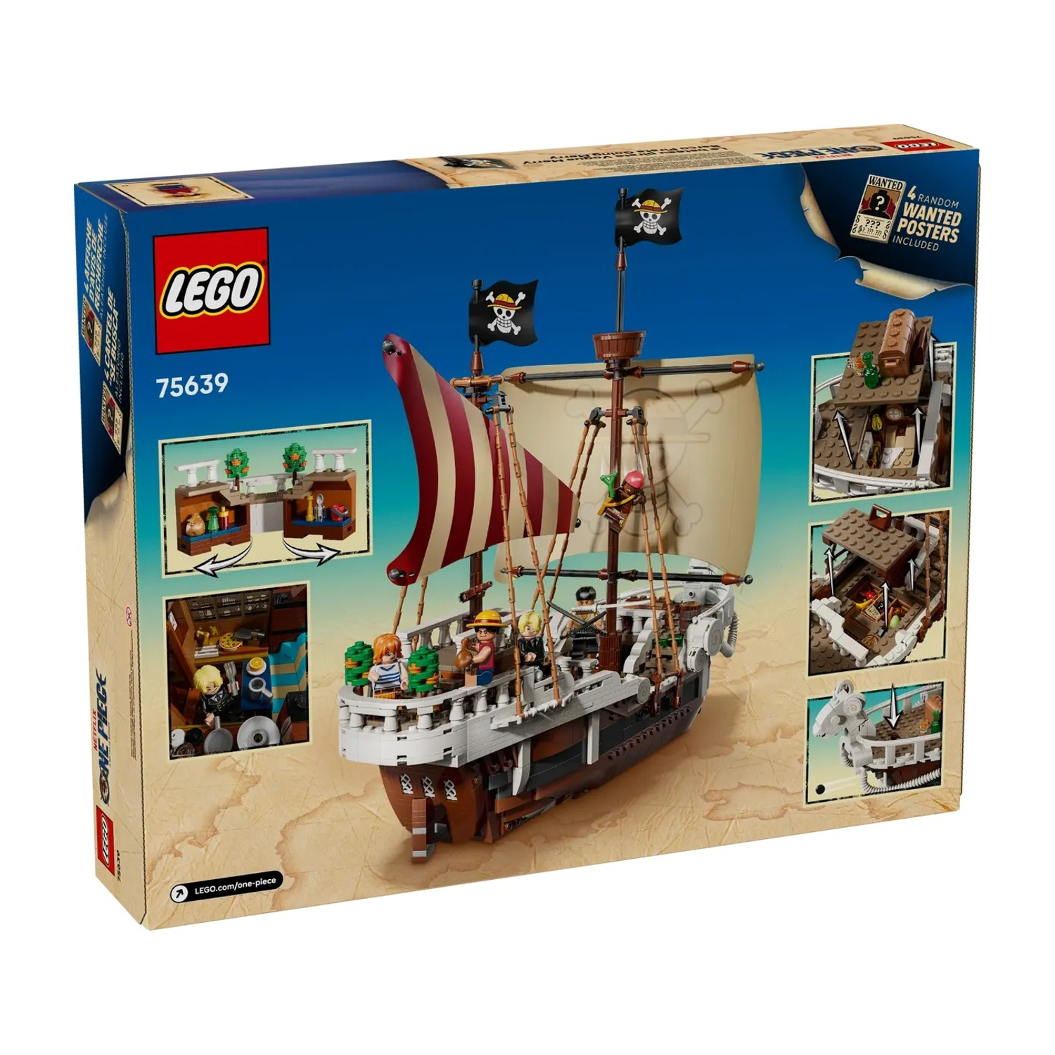 La scatola Lego raffigura una nave pirata con vele rosse e bianche. La scatola mostra il set Lego e presenta diverse minifigure e accessori.