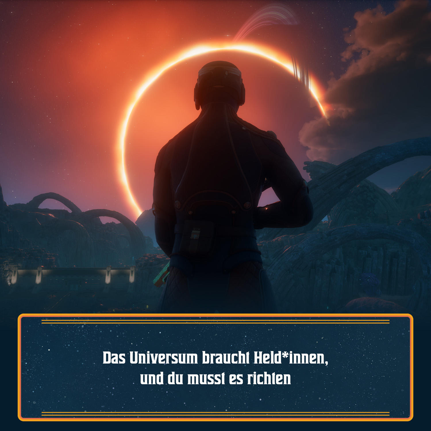 Eine Person im Raumanzug blickt auf einen hellen Ring am Himmel. Dunkle Berge und ein Textfeld im Vordergrund.