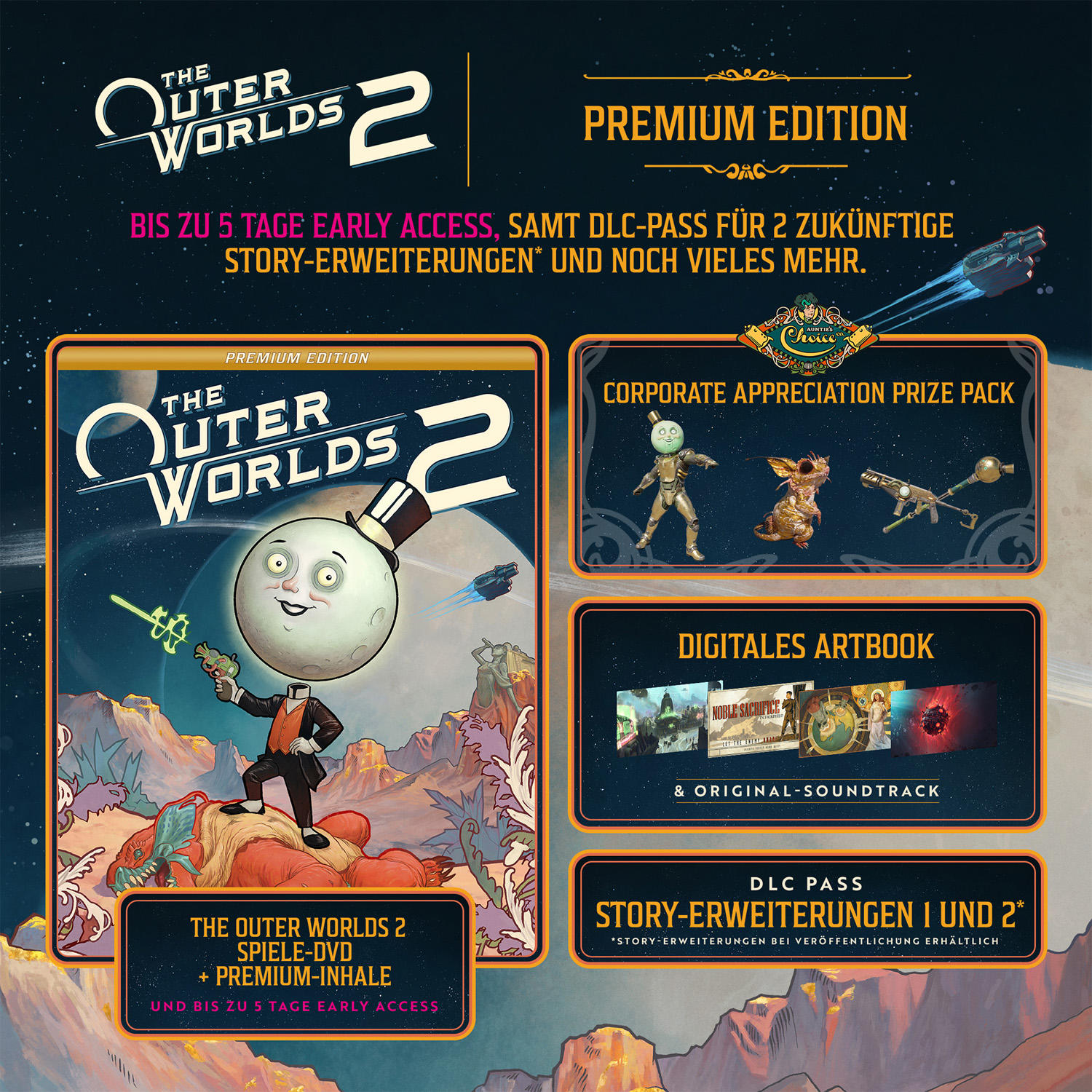 Das Cover von The Outer Worlds 2. Ein Mann mit Mondkopf im Anzug steht auf einem Wesen. Es beinhaltet eine Premium Edition und Early Access.