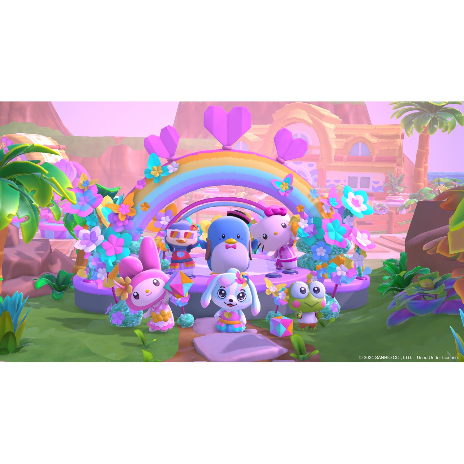 Personages staan voor een regenboogboog, versierd met bloemen. Een huis en palmboom op de achtergrond. Heldere en kleurrijke scène.