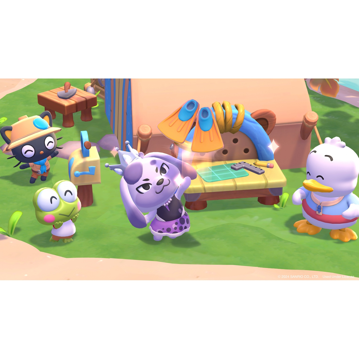 Cartoonfiguren, een kat, een kikker, een konijn en een eend, zijn op een strand. Een tafel met vinnen, een brievenbus en een houten tafel staan op de achtergrond.