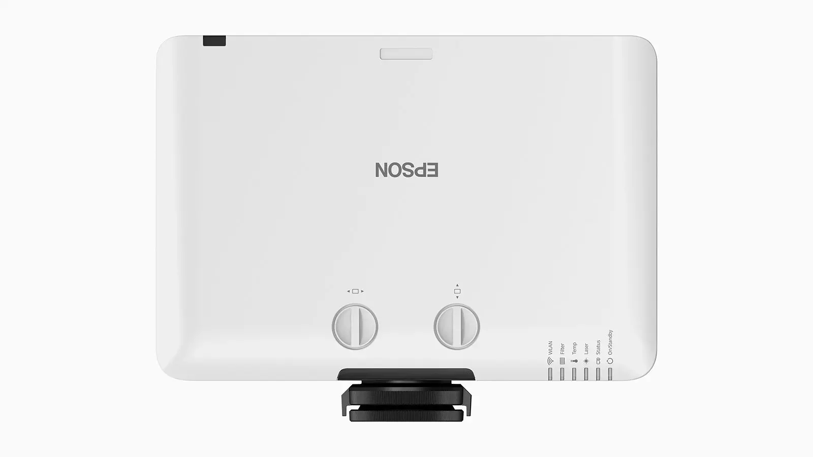 Fehér Epson projektor két vezérlőtárcsával, Epson logóval és fekete tartóval. WLAN, szűrő, hőmérséklet, lézer, CD, állapot és készenlét jelzők.