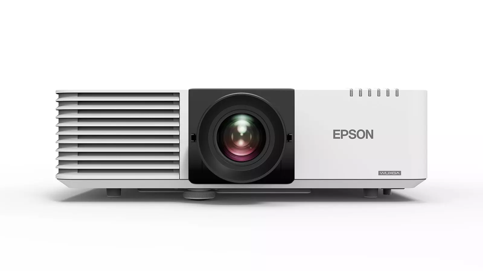 Egy fehér Epson projektor fekete objektívvel. Rajta az Epson logó és a WUXGA felirat. A háttér fehér.