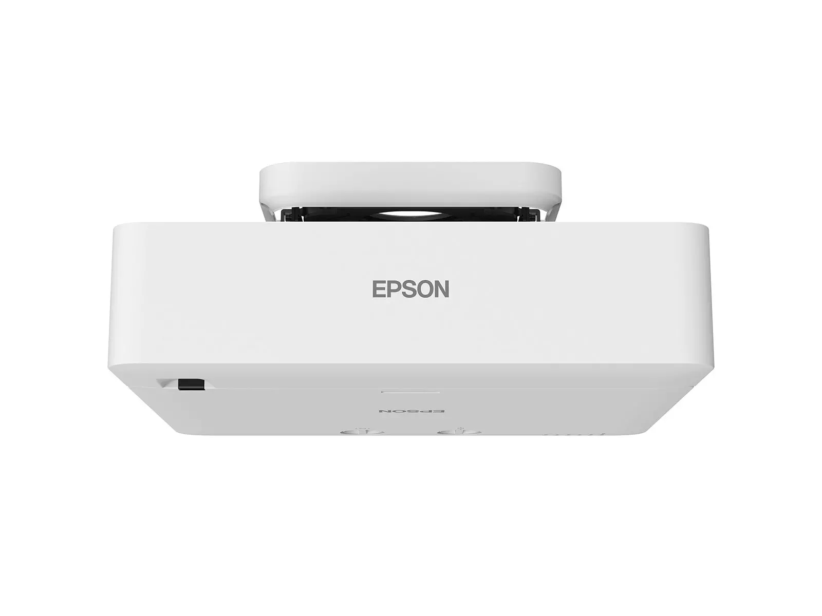 Egy fehér Epson projektor fehér háttéren középen. A projektor téglalap alakú, a márkanévvel az elején.