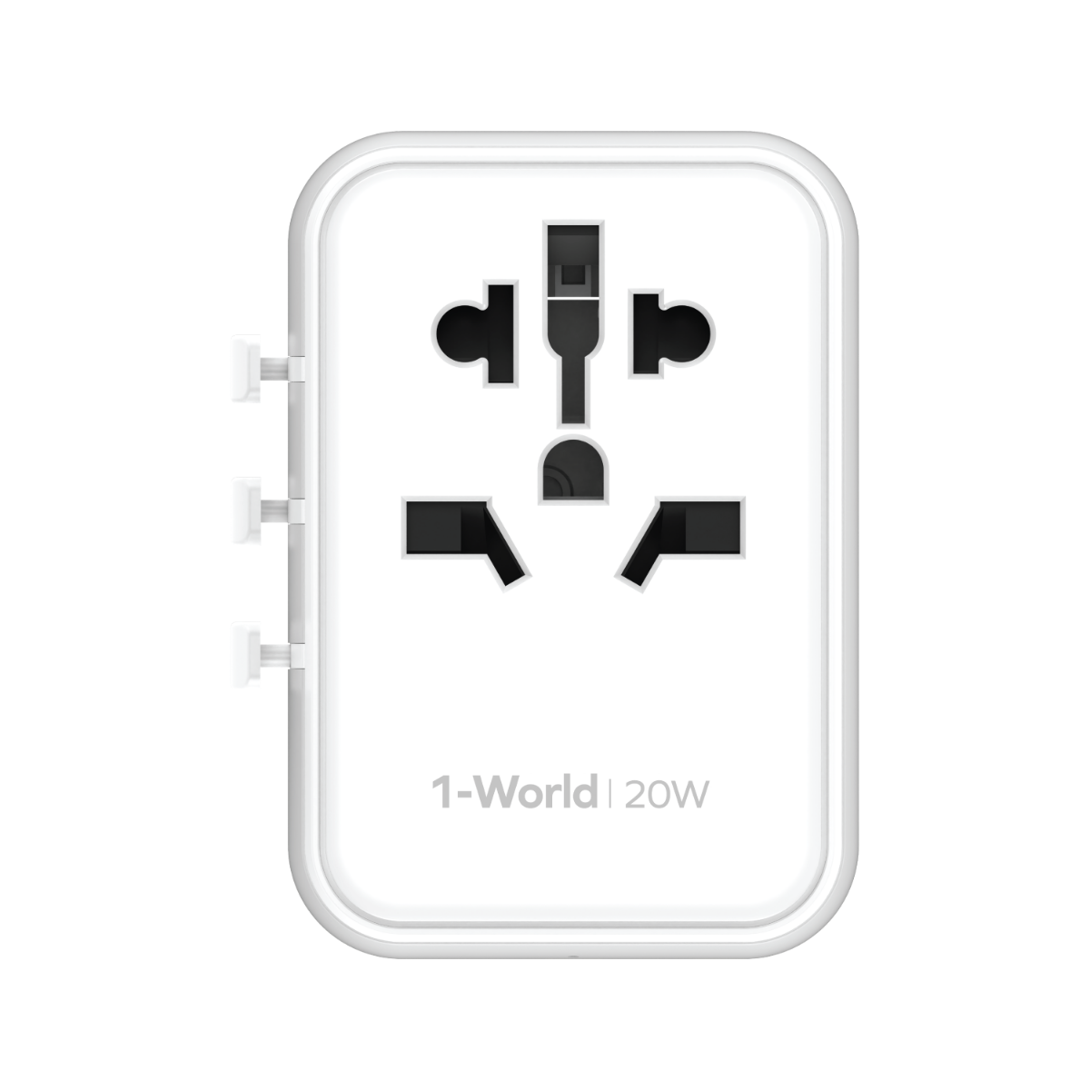 Siyah prizleri ve 1-World logosu olan beyaz bir evrensel seyahat adaptörü. Yanında üç pimi ve 20W yazısı var.