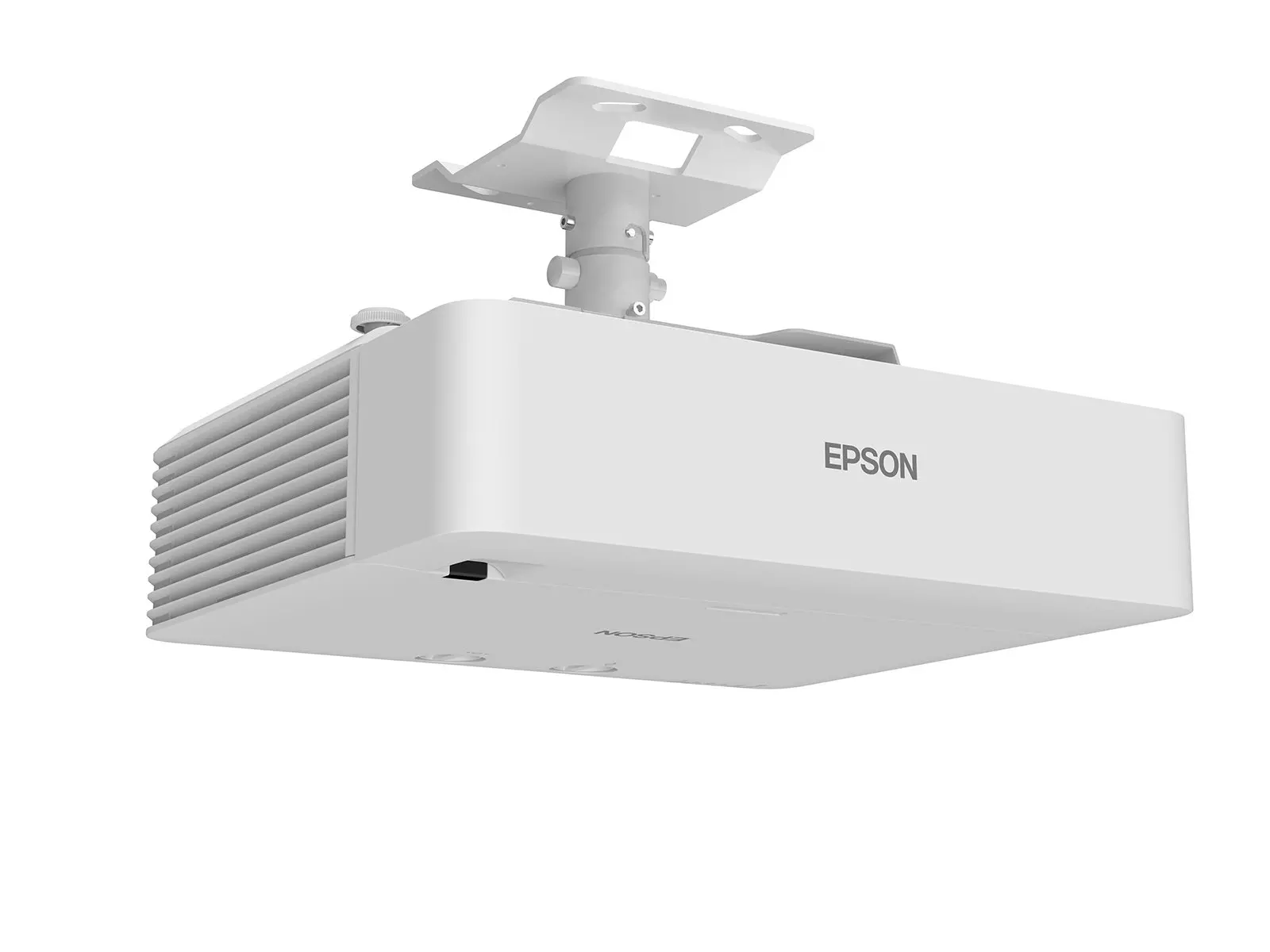 Fehér Epson projektor fehér mennyezeti tartóról lóg. A projektoron az Epson logója és egy szellőzőnyílás található.