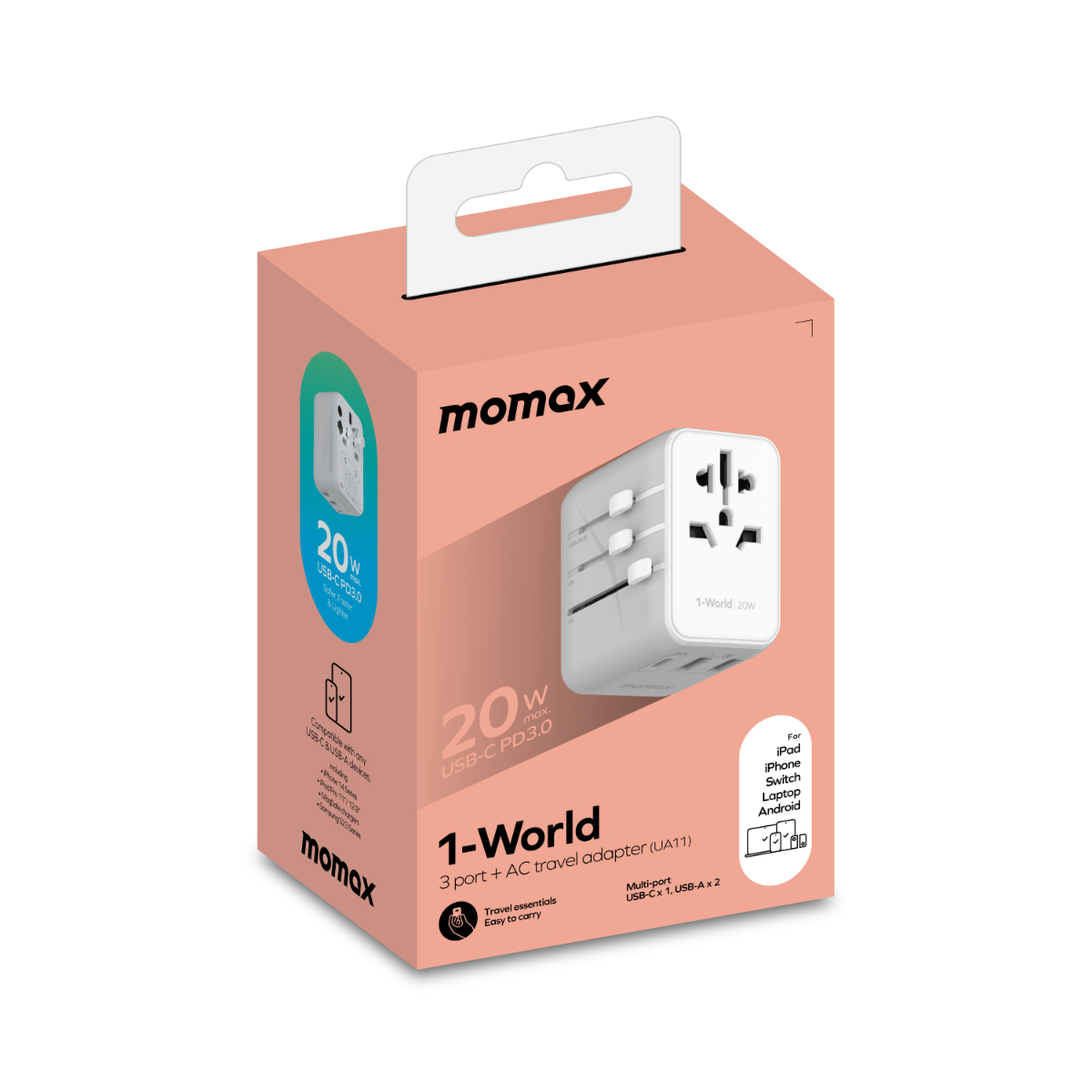 Beyaz bir seyahat adaptörü olan beyaz ve pembe bir kutu. Kutuda 'momax' markası yer alır ve ürün 1-World adaptör olarak tanımlanır.