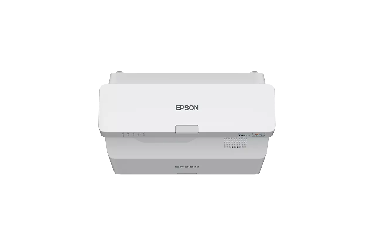 Fehér Epson projektor fekete háttéren. Az Epson logó látható. Lézer és egyéb vezérlők is vannak.