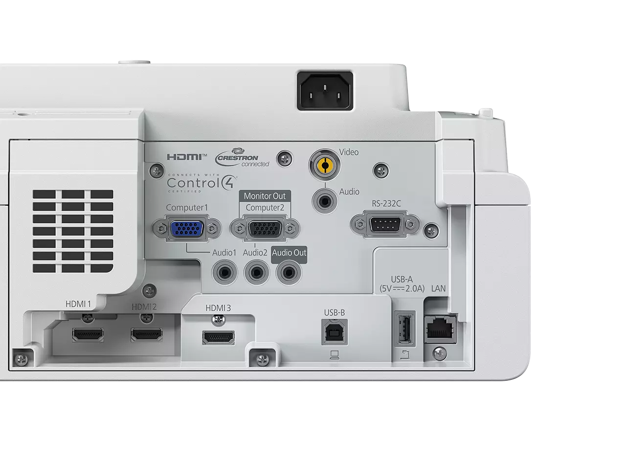 Fehér projektor hátlapja különböző bemeneti portokkal: HDMI, USB, audio és videó. RS-232C és LAN portok is vannak rajta.