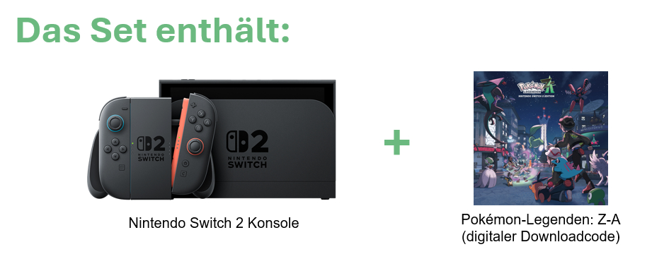 Das Bild zeigt eine Nintendo Switch 2 Konsole und ein Pokémon Legends: Z-A Spielcover, was ein Bundle anzeigt.
