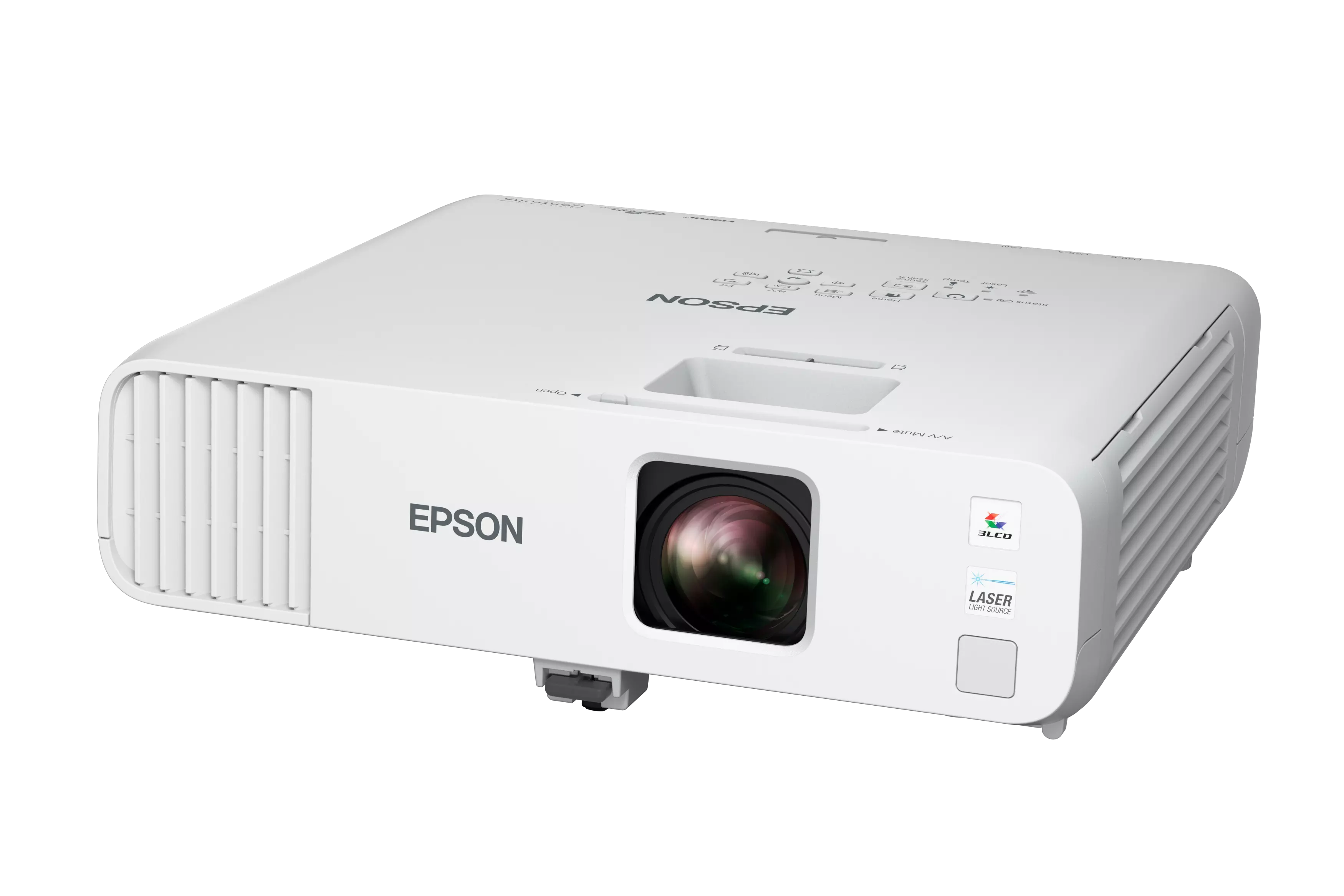Egy fehér Epson projektor lencsével, gombokkal és logókkal fekete háttéren.