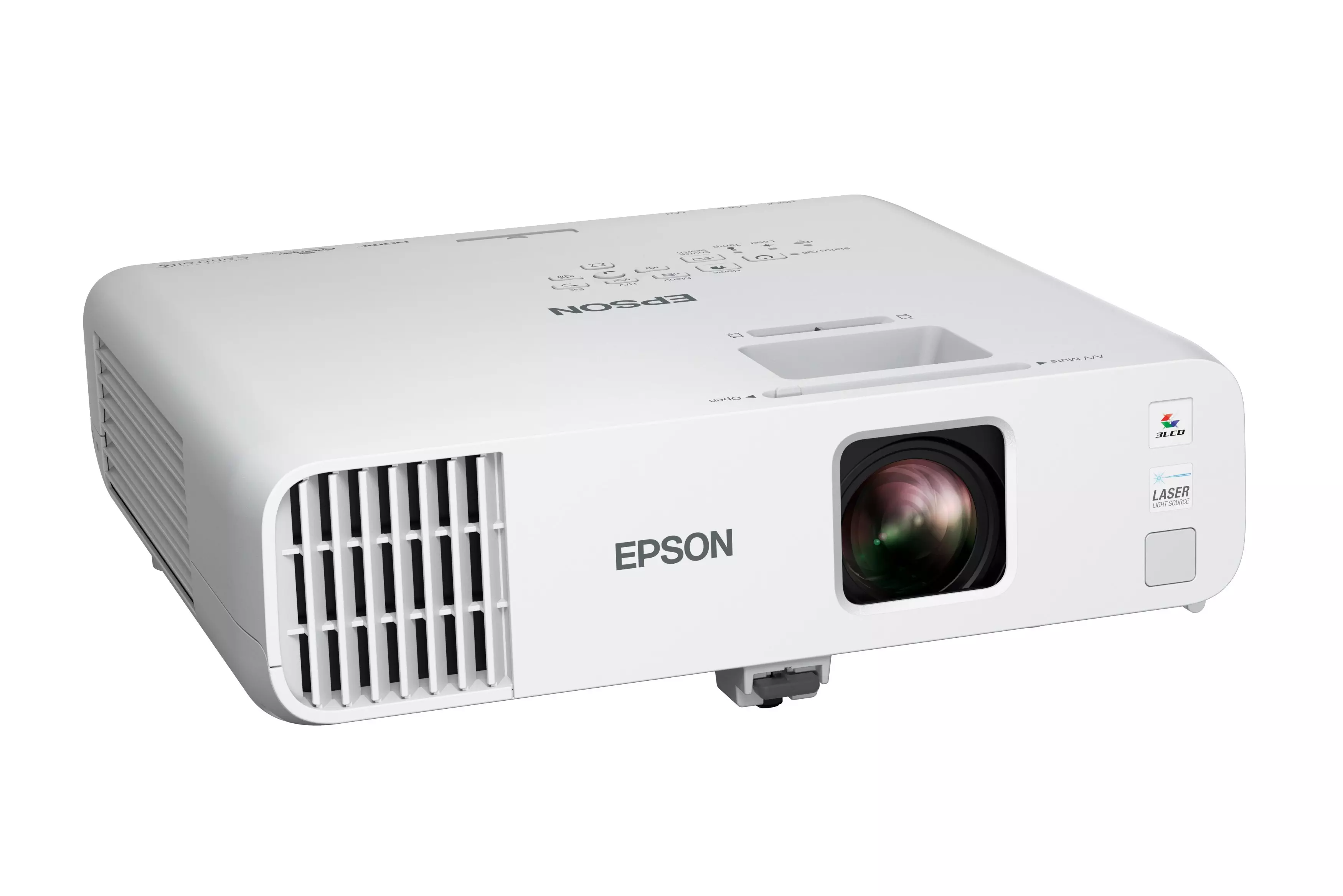 Fehér Epson projektor fehér háttéren. A lencse sötét, oldalt szellőzőrács látható.