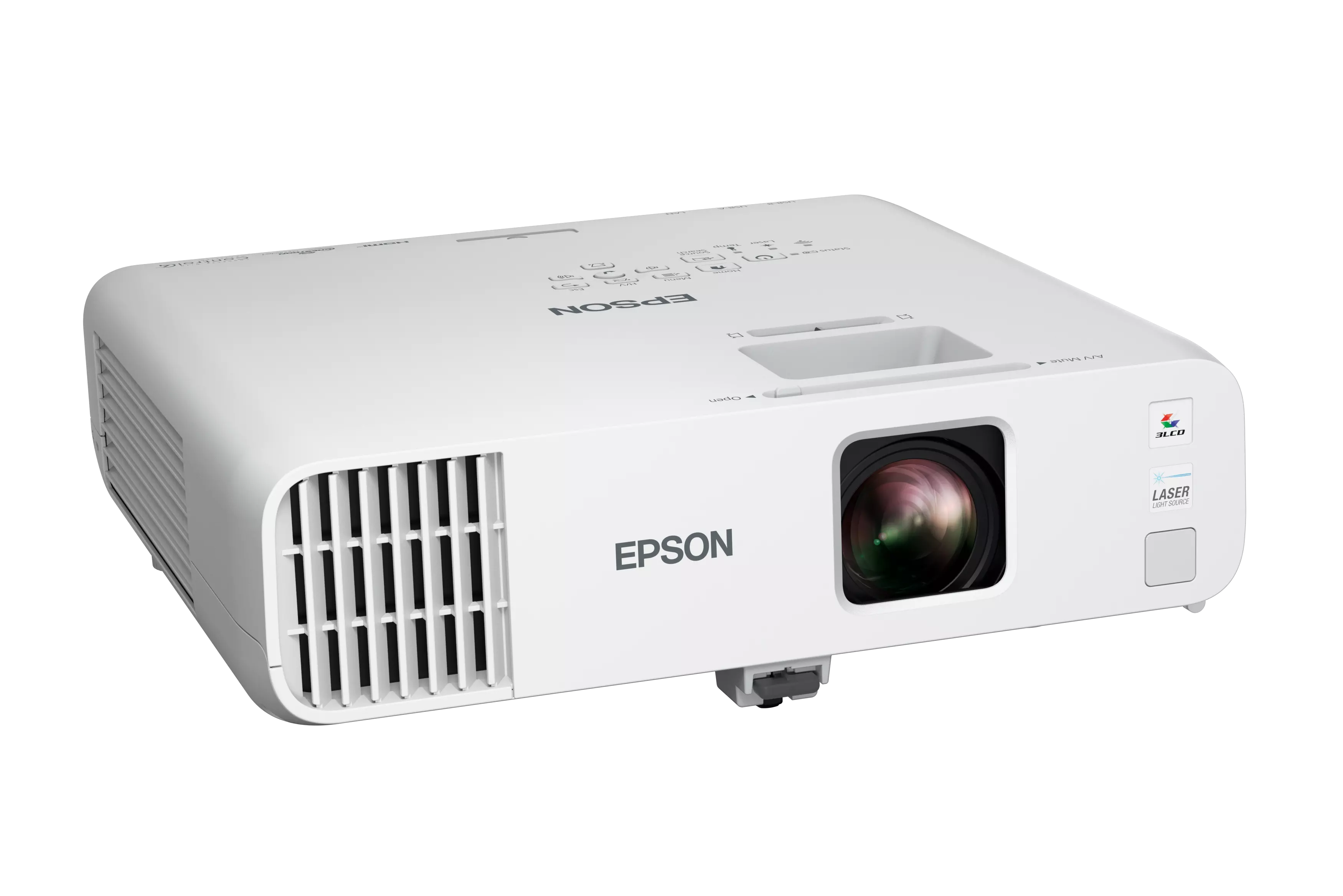 Fehér Epson projektor fekete háttéren. Lencséje, szellőzőnyílásai és az Epson logója látható.