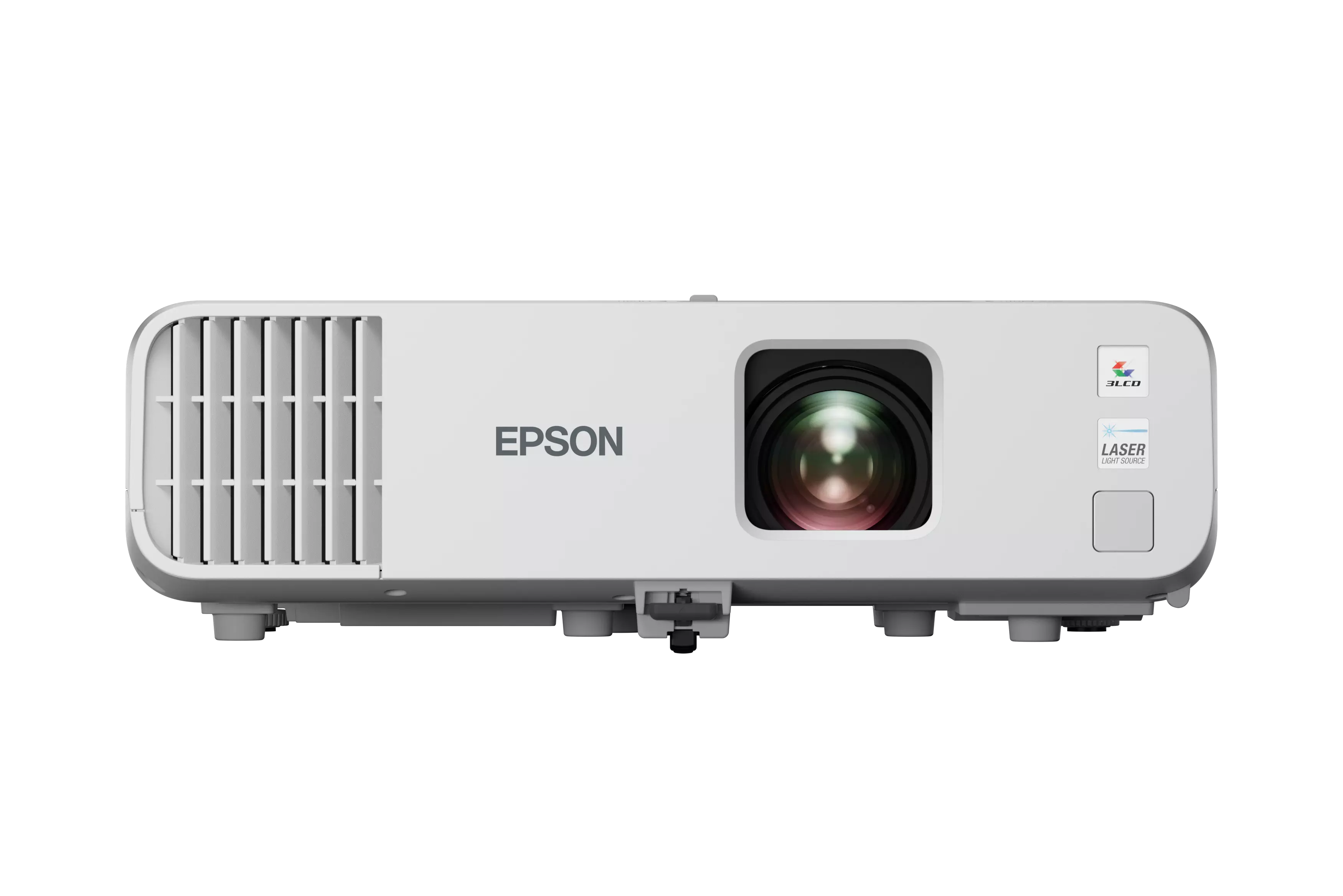 Fehér Epson projektor fekete lencsével, logókkal és szellőzőnyílásokkal, fekete háttérrel.