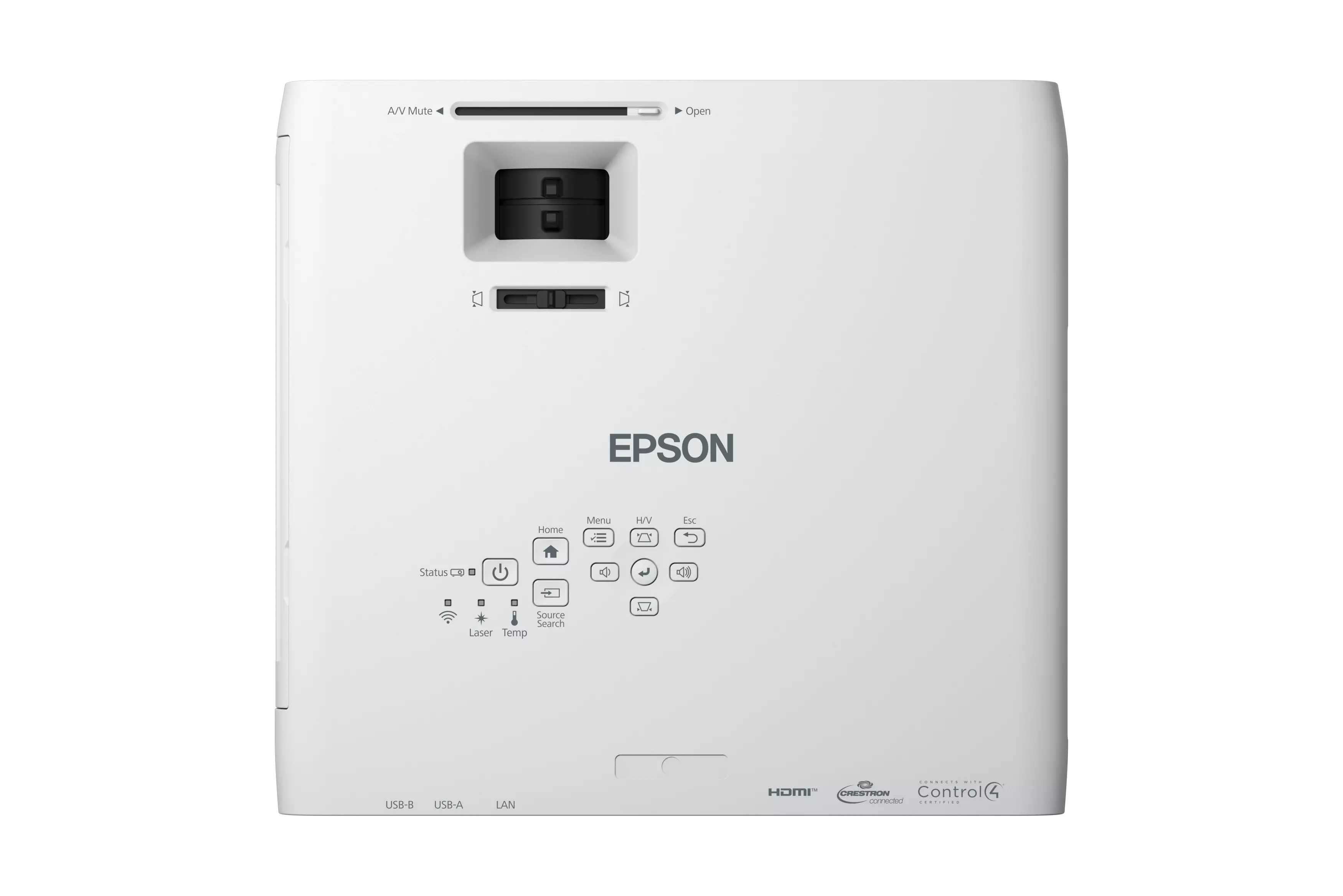 Egy fehér Epson projektor vezérlőgombokkal, bemeneti portokkal és az Epson logóval, fekete háttérrel.