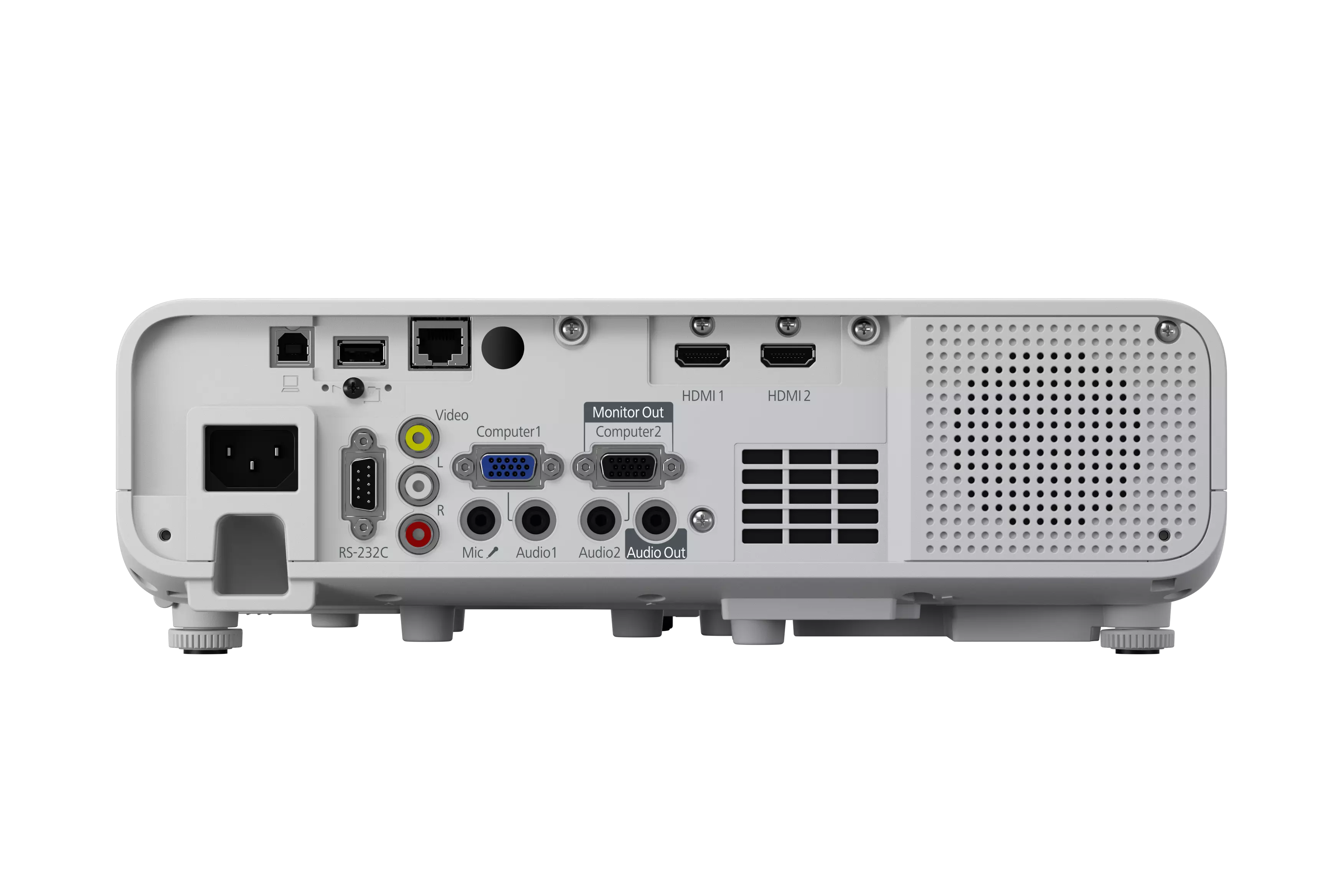 Egy fehér projektor hátlapja HDMI, USB és audio bemeneteket mutat fekete háttér előtt.