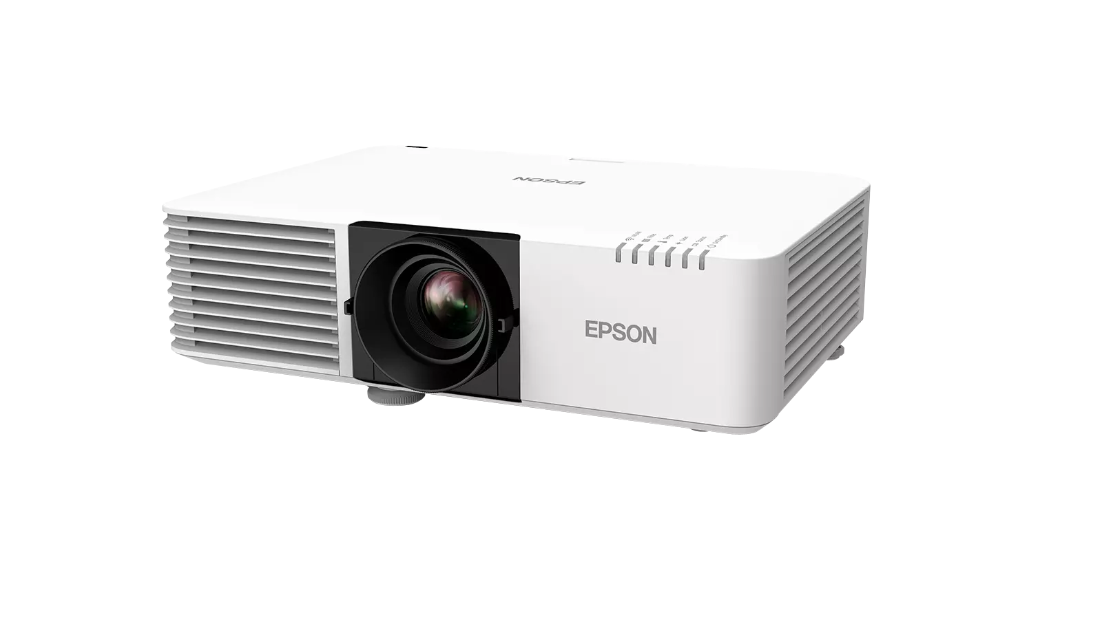 Egy fehér Epson projektor fekete lencsével fekete háttérben. Látható az Epson logó.