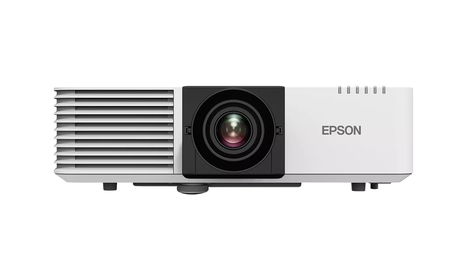 Egy fehér Epson projektor fekete lencsével és a márkanévvel. Szellőzőnyílások vannak a bal oldalon.