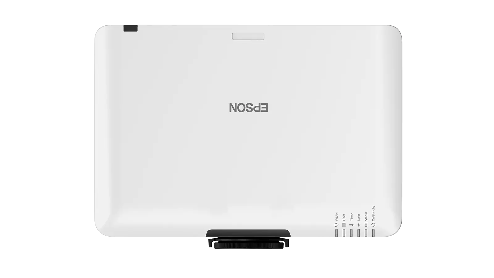Fehér Epson projektor, fekete alap, Epson logó és állapotjelző fények. A háttér egyszínű fekete.