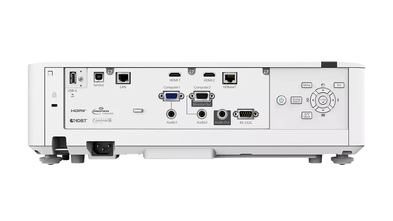 Fehér projektor hátlapja különböző portokkal: USB-A, HDMI, LAN, audió és tápellátás. Vezérlőgombok és beállítások is láthatók.