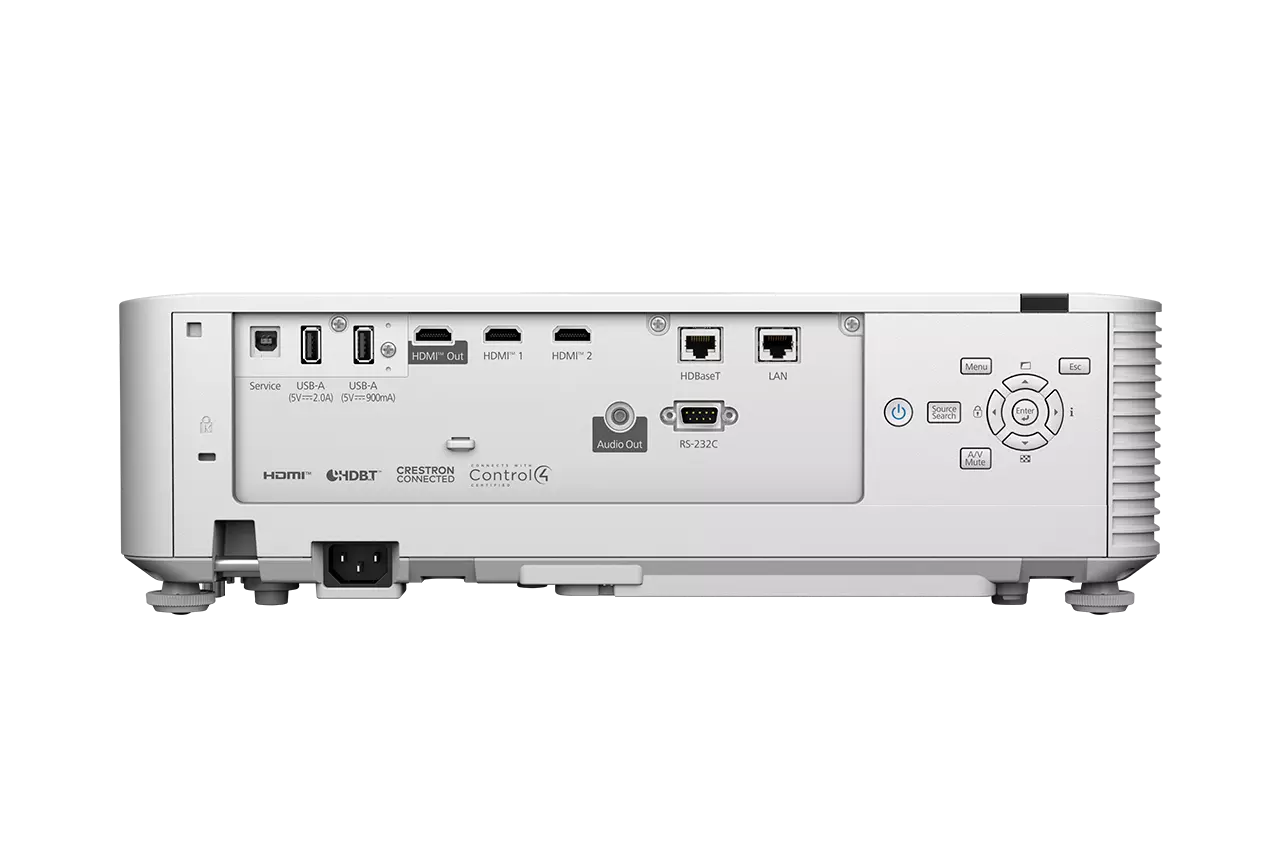 Fehér projektor hátlapja, HDMI, USB és LAN portokkal. Vezérlőgombok jobbra, tápbemenet balra.