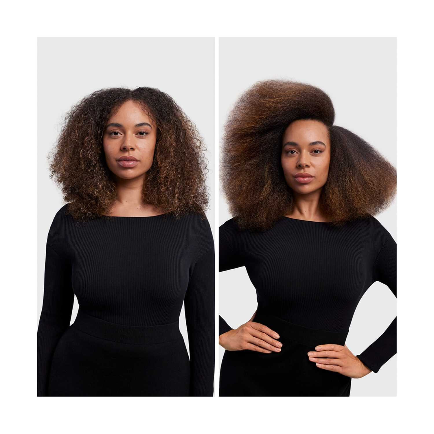 Una donna con capelli castani ricci, che indossa un vestito nero, con un'immagine dei suoi capelli non acconciati e acconciati.