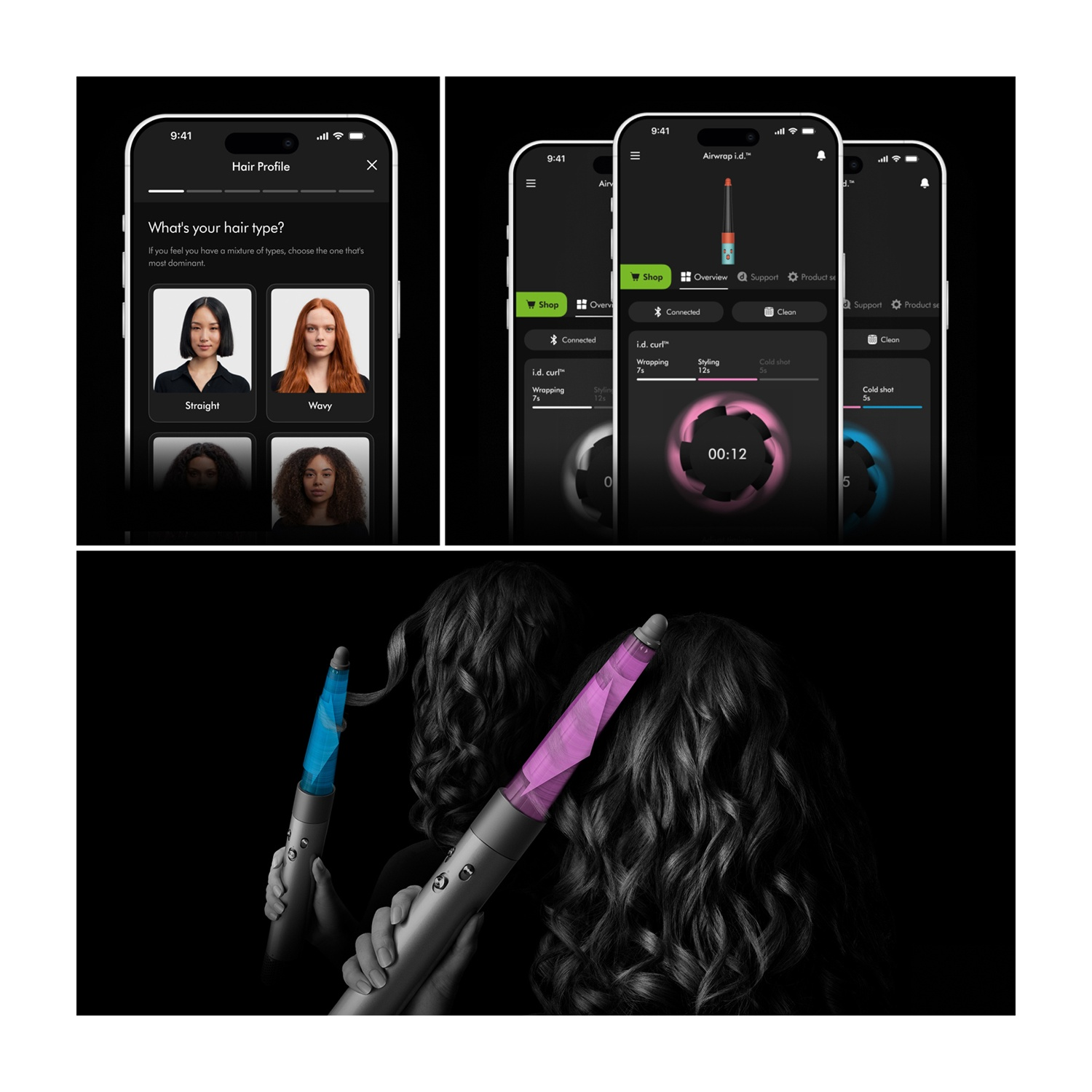 Schermi di smartphone mostrano profilo capelli, opzioni di styling e dettagli del dispositivo. Arricciacapelli con luci blu e rosa, su sfondo nero.