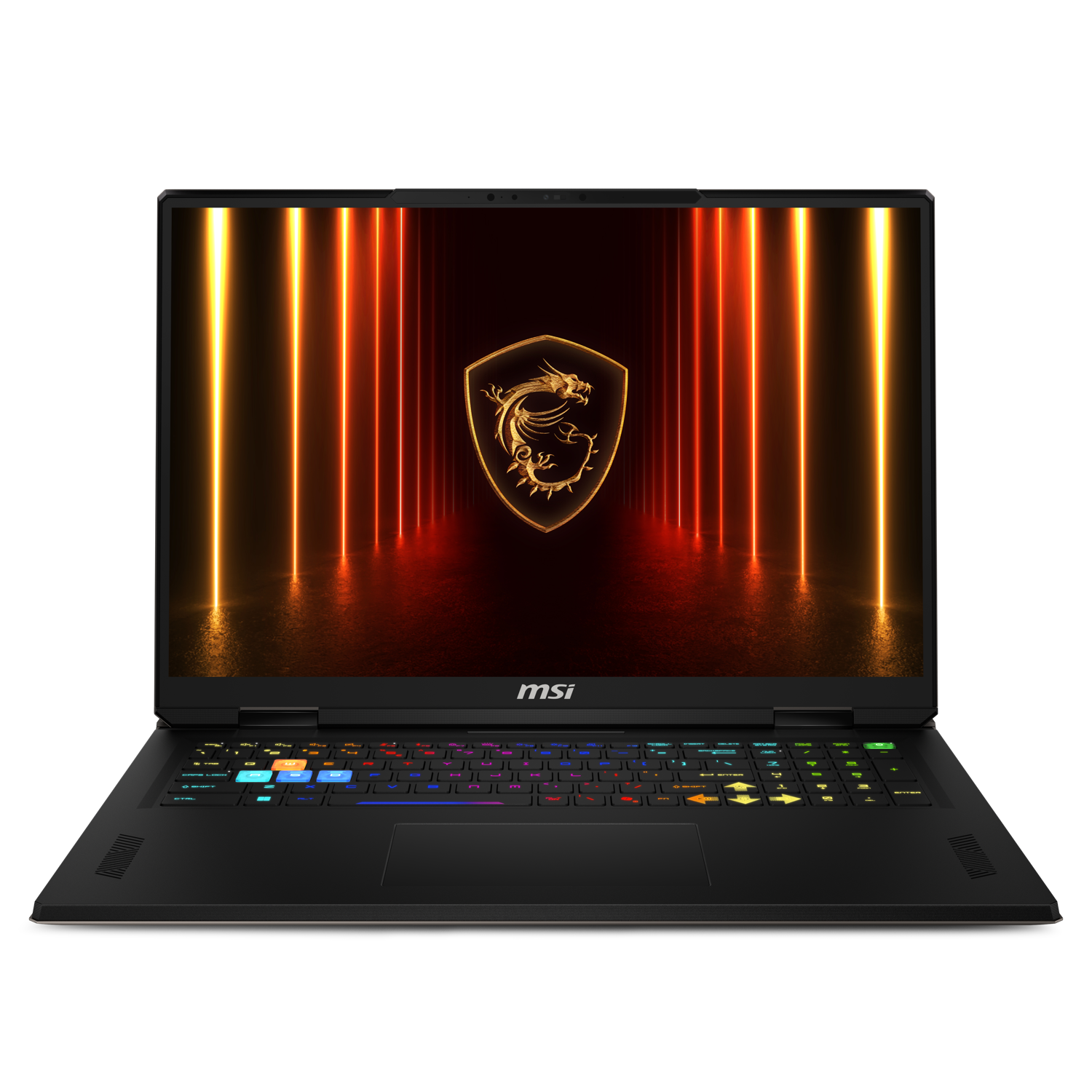 Een zwarte MSI-laptop is opengeklapt. Het scherm toont een gouden drakenembleem. Het toetsenbord licht op in meerdere kleuren. De achtergrond is zwart.