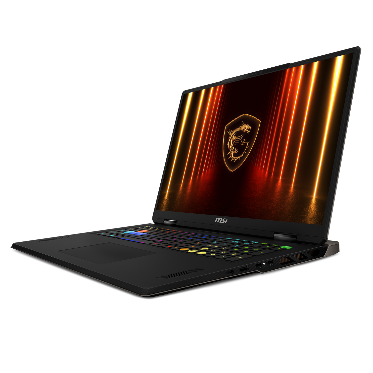 Een zwarte MSI-laptop is open, met een kleurrijk toetsenbord. Het scherm toont een gouden drakenlogo met oranje en gele lijnen.