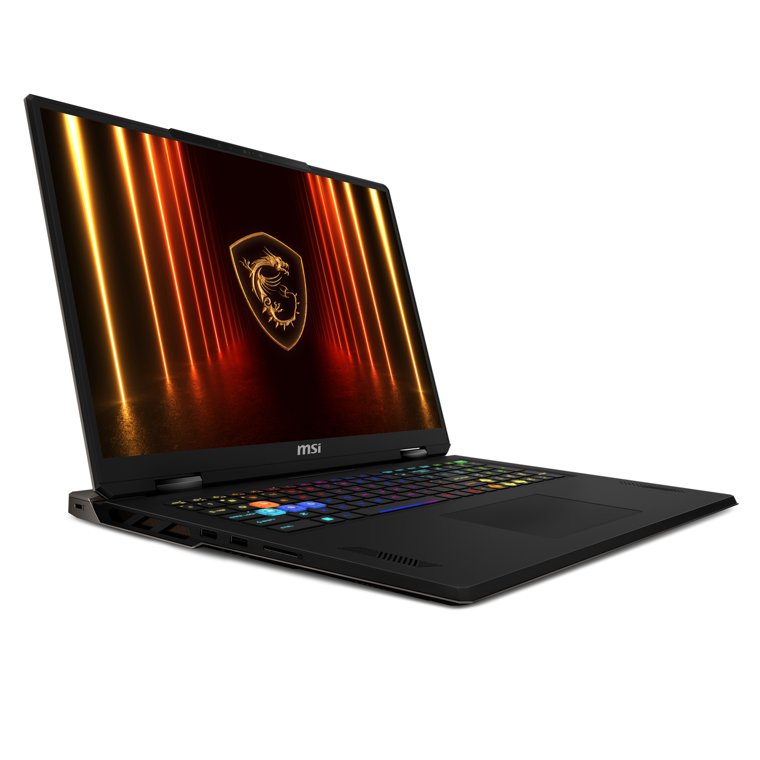 Een zwarte MSI laptop met een kleurrijk toetsenbord. Het scherm toont een geanimeerde achtergrond met gouden logo.