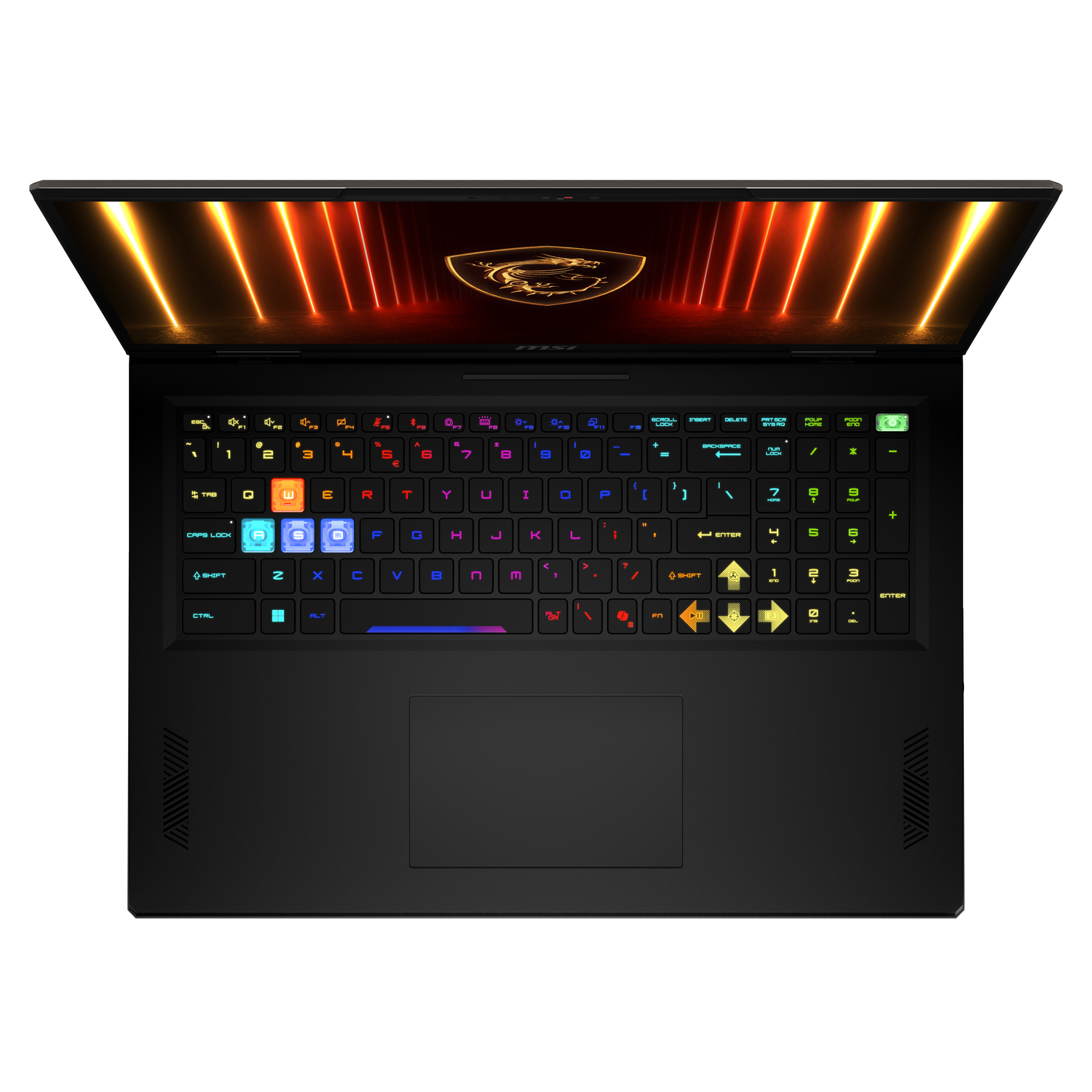 Een zwarte MSI-laptop met verlicht toetsenbord en scherm met logo en oranje lichtstrepen.