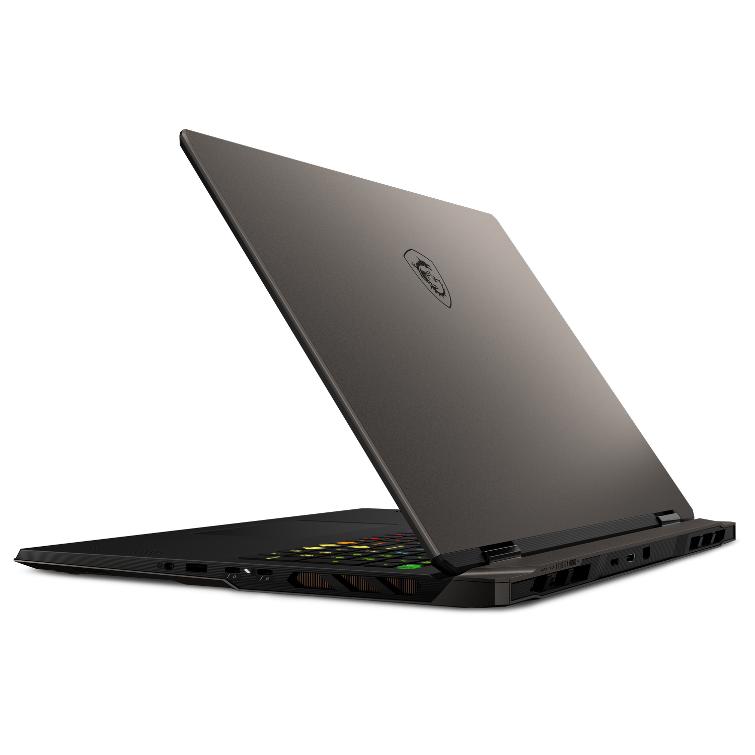Laptop, geopend op een zwarte achtergrond. Het is donkergrijs met een oplichtend toetsenbord. Het MSI-logo is zichtbaar.