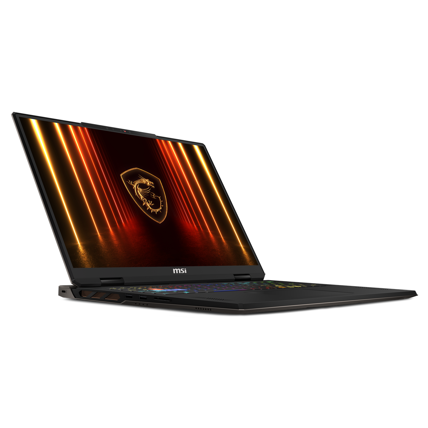 Een MSI-laptop wordt in een hoek weergegeven. Het scherm toont een drakenlogo met oranje en gele lichtstrepen op een zwarte achtergrond.