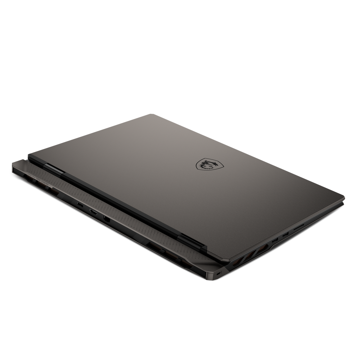 Een donkergrijze laptop is iets geopend en toont de boven- en zijkant. Het MSI-logo staat op de deksel. De achtergrond is effen zwart.