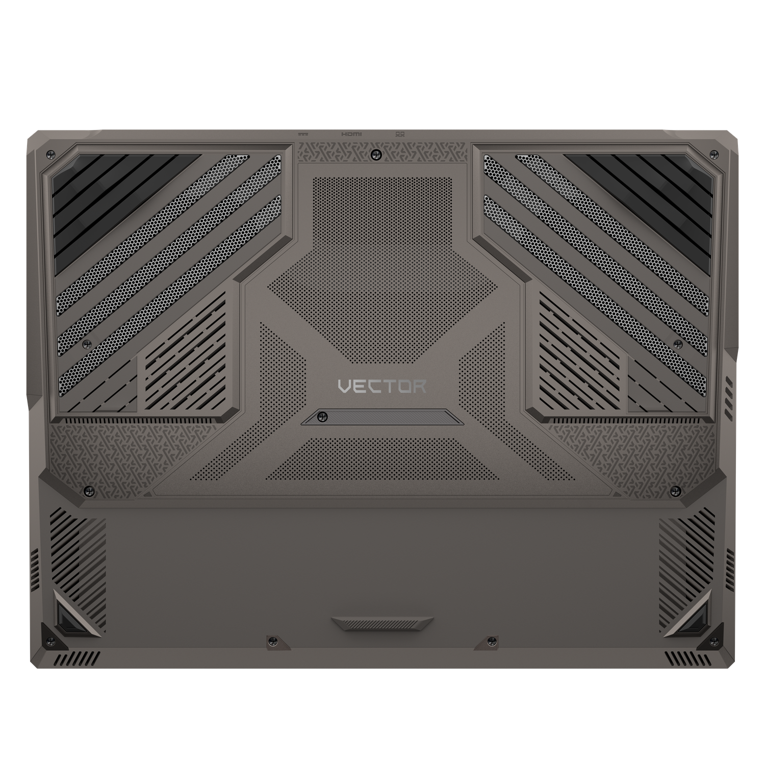 Een donkergrijze laptoprug met geometrische patronen, ventilatieroosters en het woord "VECTOR". Het oppervlak heeft een metallic afwerking.