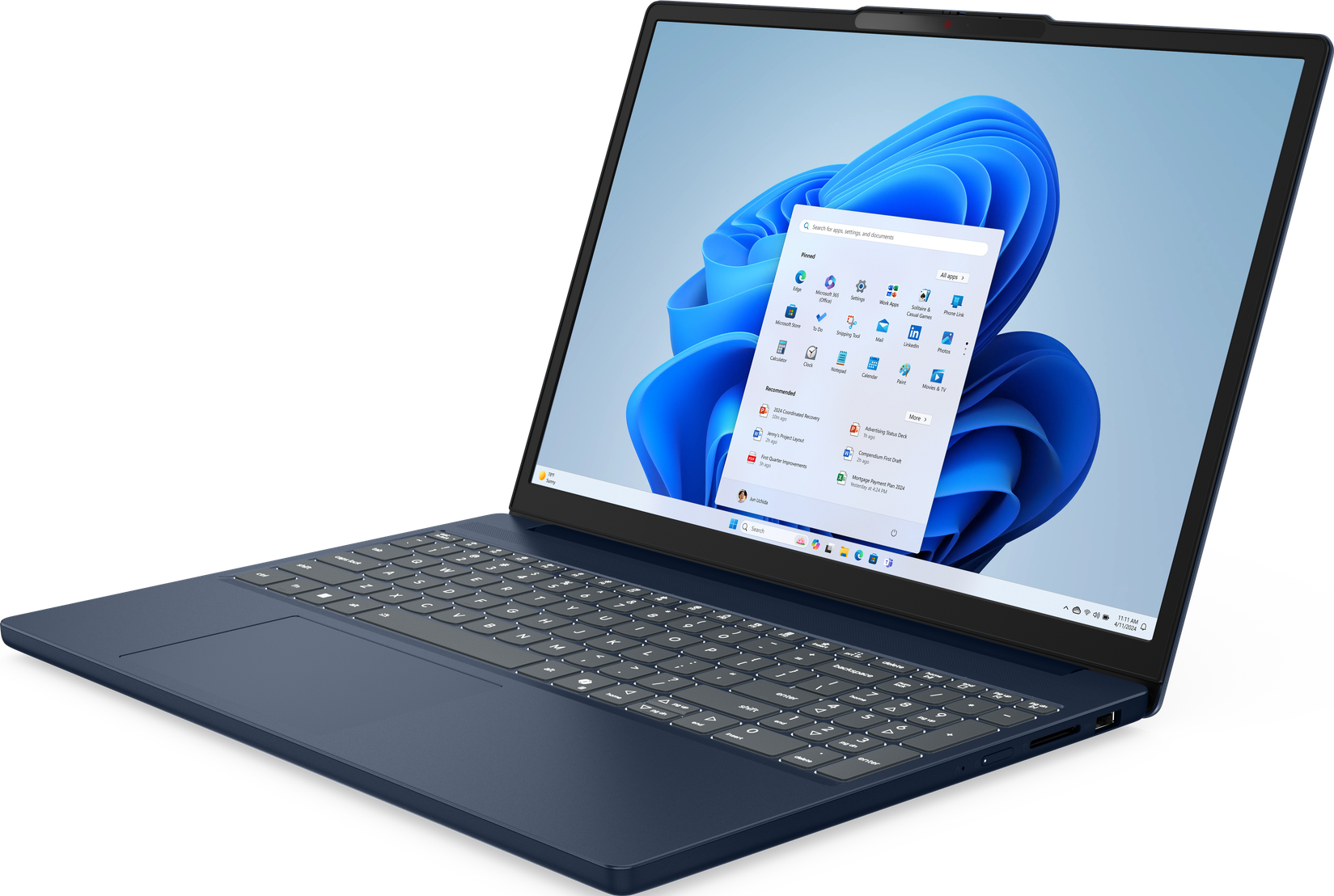 Ein blauer Laptop ist geöffnet und zeigt das Windows 11 Startmenü. Die Tastatur ist sichtbar. Der Bildschirm zeigt App-Symbole und Einstellungen.