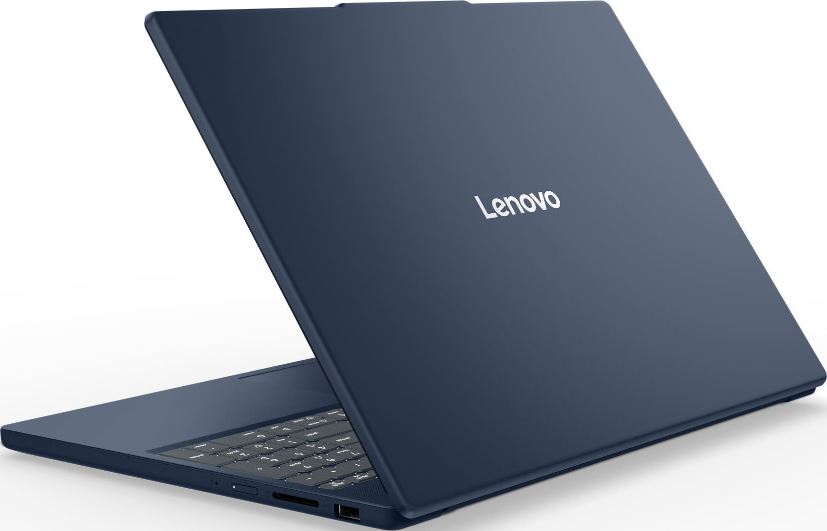 Ein blauer Lenovo-Laptop ist auf schwarzem Hintergrund geöffnet. Die Tastatur ist sichtbar. Das Lenovo-Logo befindet sich oben.