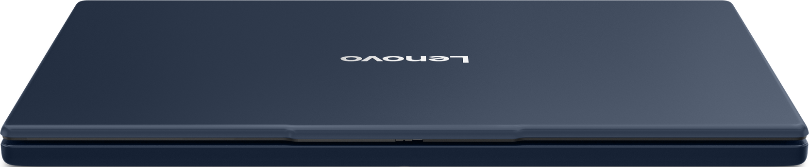 Ein geschlossener, dunkelblauer Lenovo-Laptop. Das Lenovo-Logo ist weiß. Der Laptop steht auf schwarzem Hintergrund.