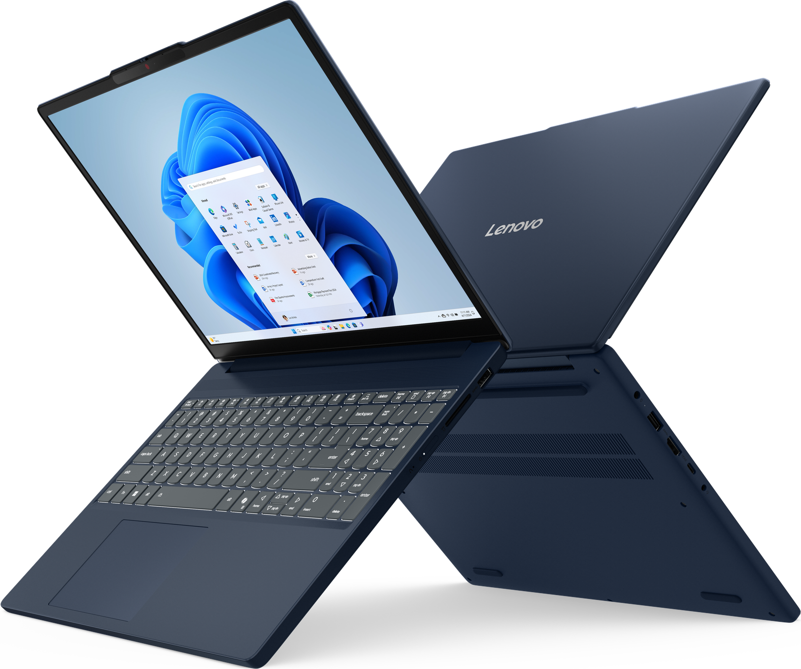 Blauer Lenovo-Laptop, geöffnet, Tastatur und Bildschirm mit Windows 11-Oberfläche. Der Hintergrund ist schwarz.